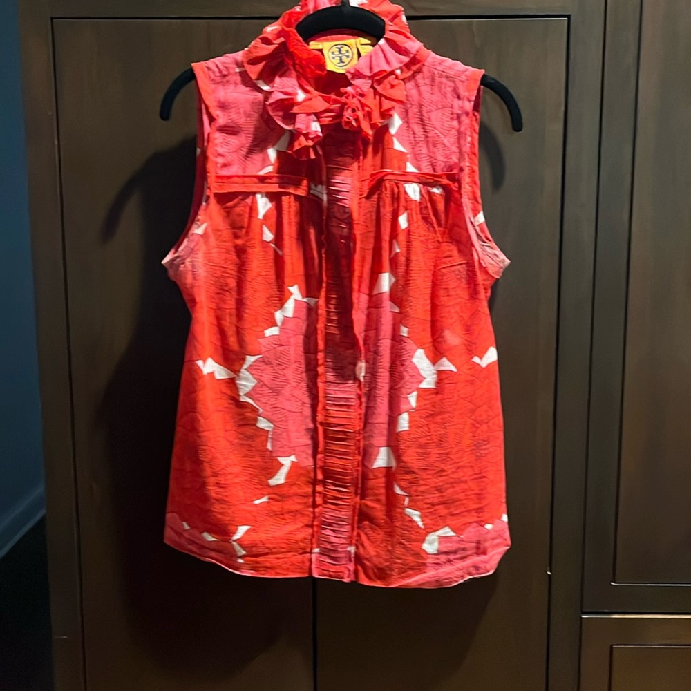 Tory Burch sleeveless blouse.  Super cute ruffle neck vibrant top.